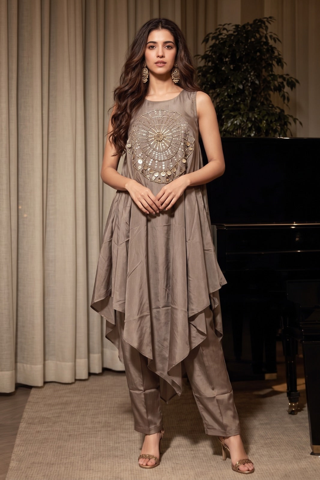 Taupe Grey Embellished Crepe Silk Palazzo Set