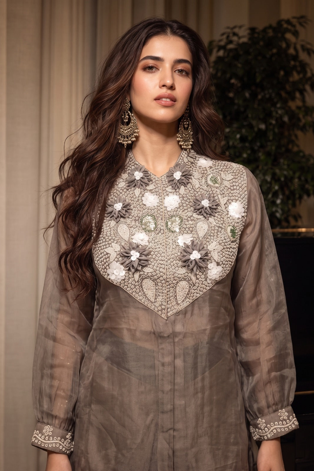 Taupe Grey Embellished Organza Silk Skirt Set