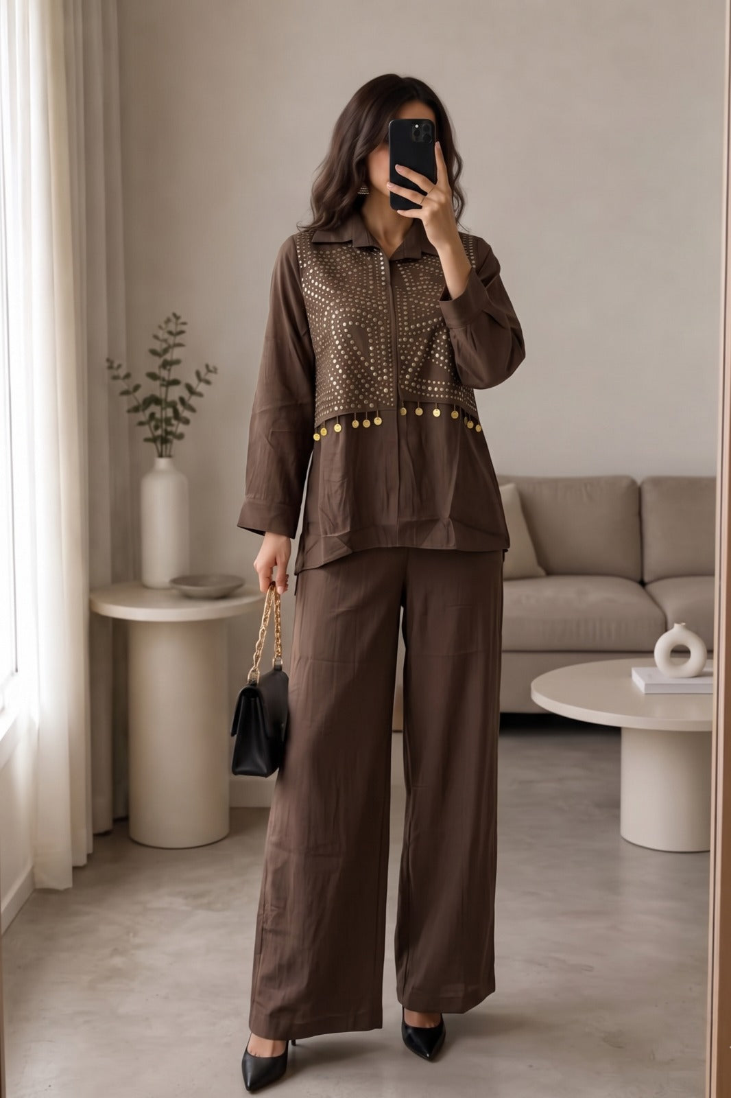 Chocolate Brown Embellished Gauze Cotton Pant Set