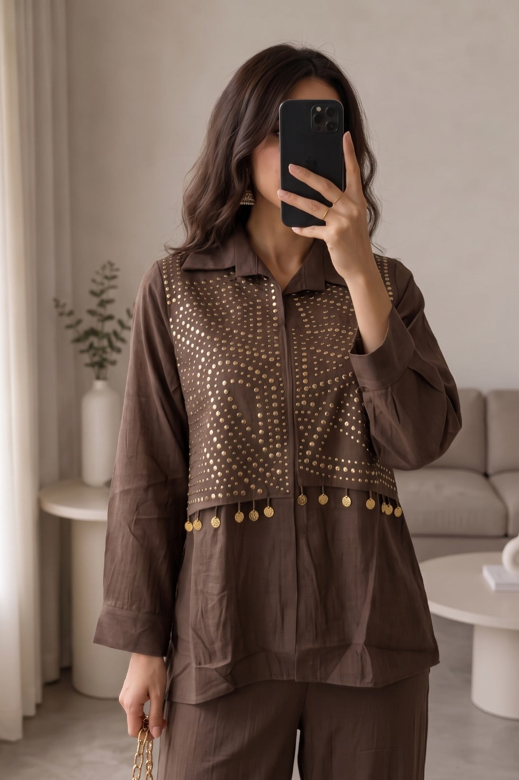 Chocolate Brown Embellished Gauze Cotton Pant Set