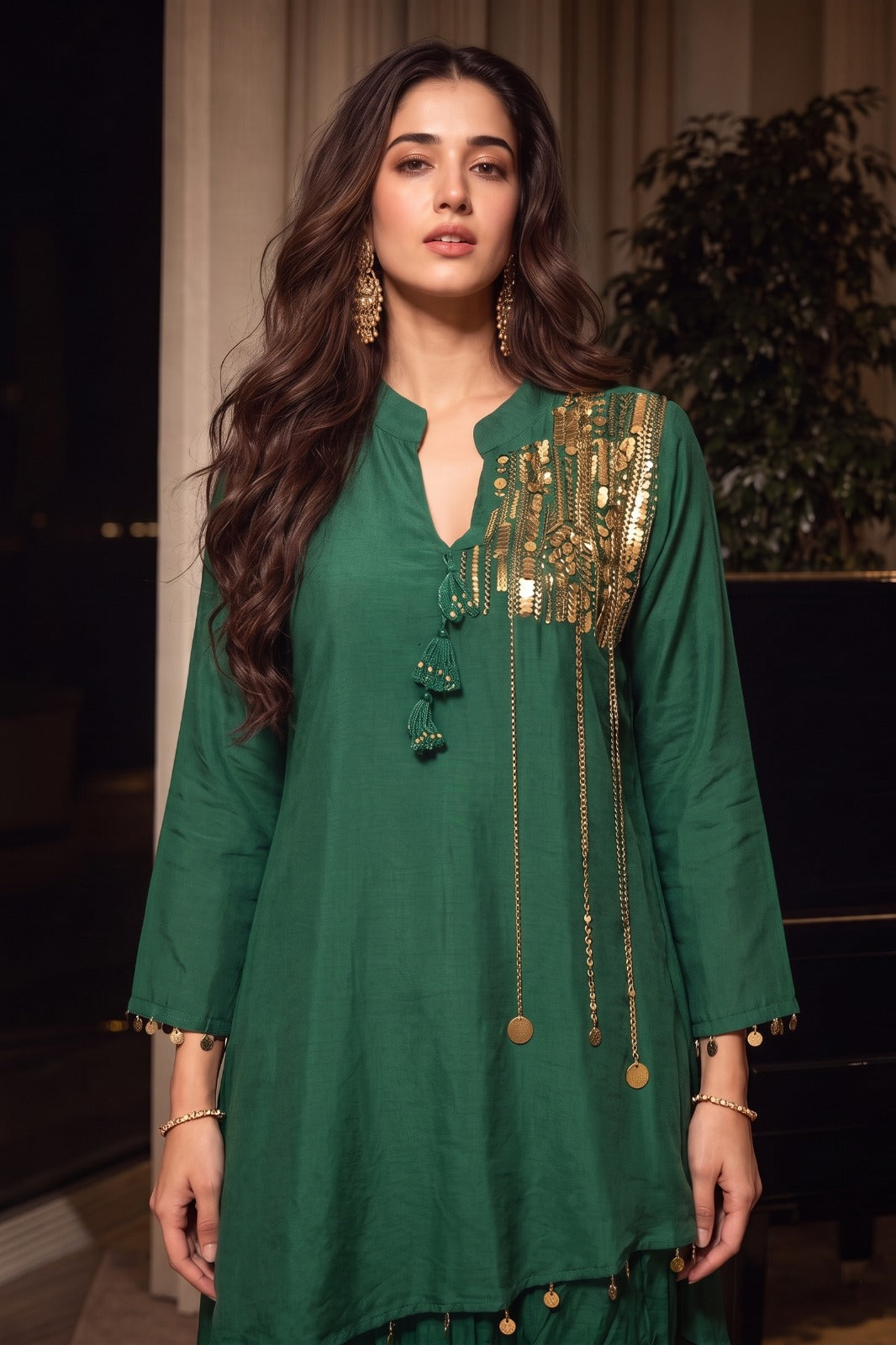 Forest Green Embellished Crepe Silk Skirt Set