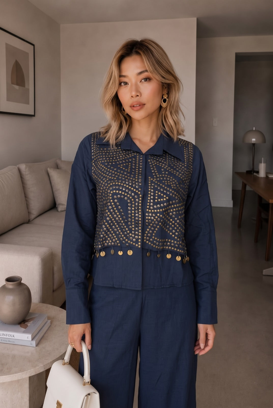Deep Blue Embellished Gauze Cotton Pant Set