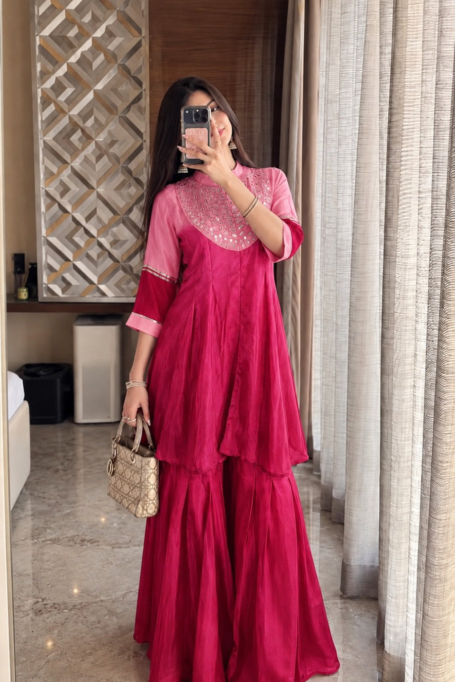 Ombre Pink Mul Chanderi Silk Mirror Co-ord Set