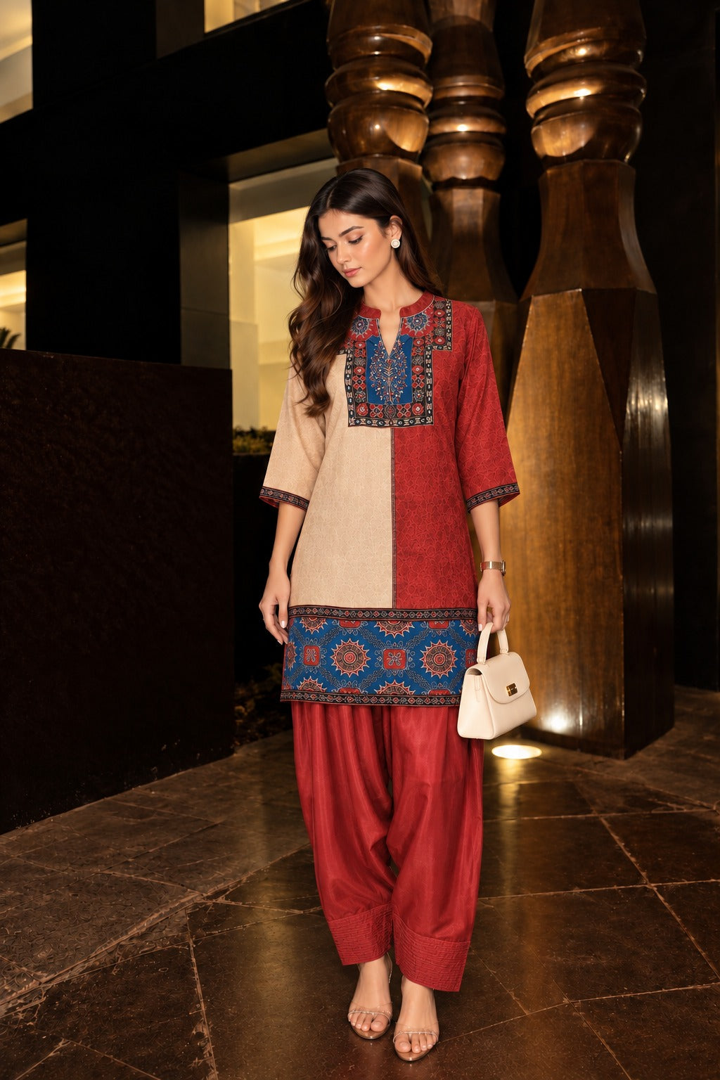 Deep Maroon Printed Crepe Silk Salwar Set