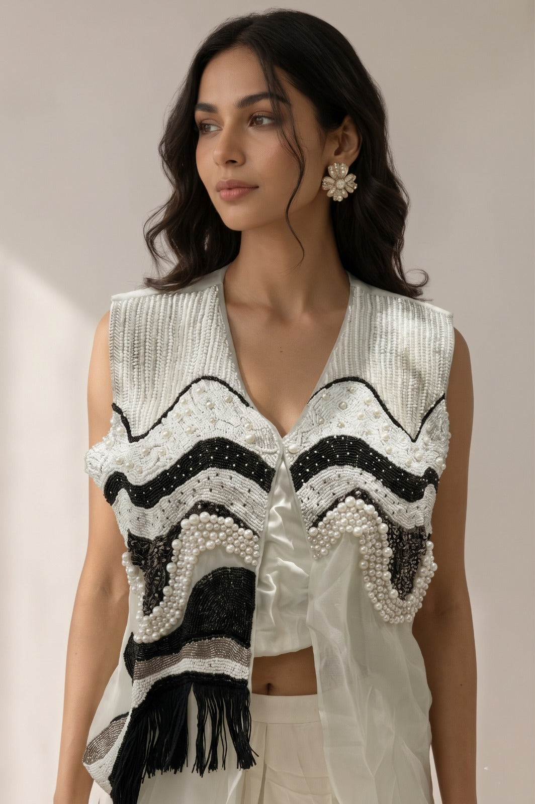Ivory White Embellished Organza Silk Skirt Set