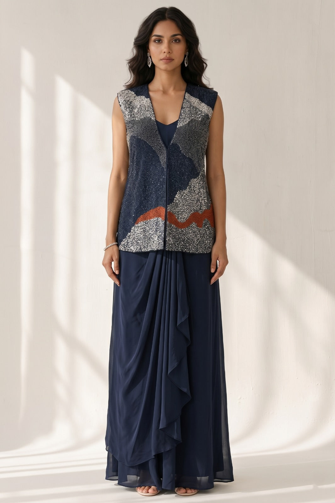Navy Blue Embellished Crepe Satin Silk Skirt Set