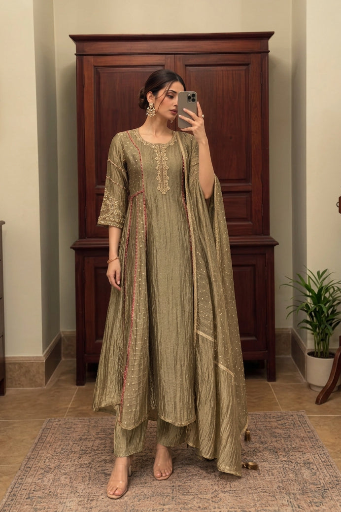 Metallic Grey Embellished Shimmer Crushed Silk Anarkali Set