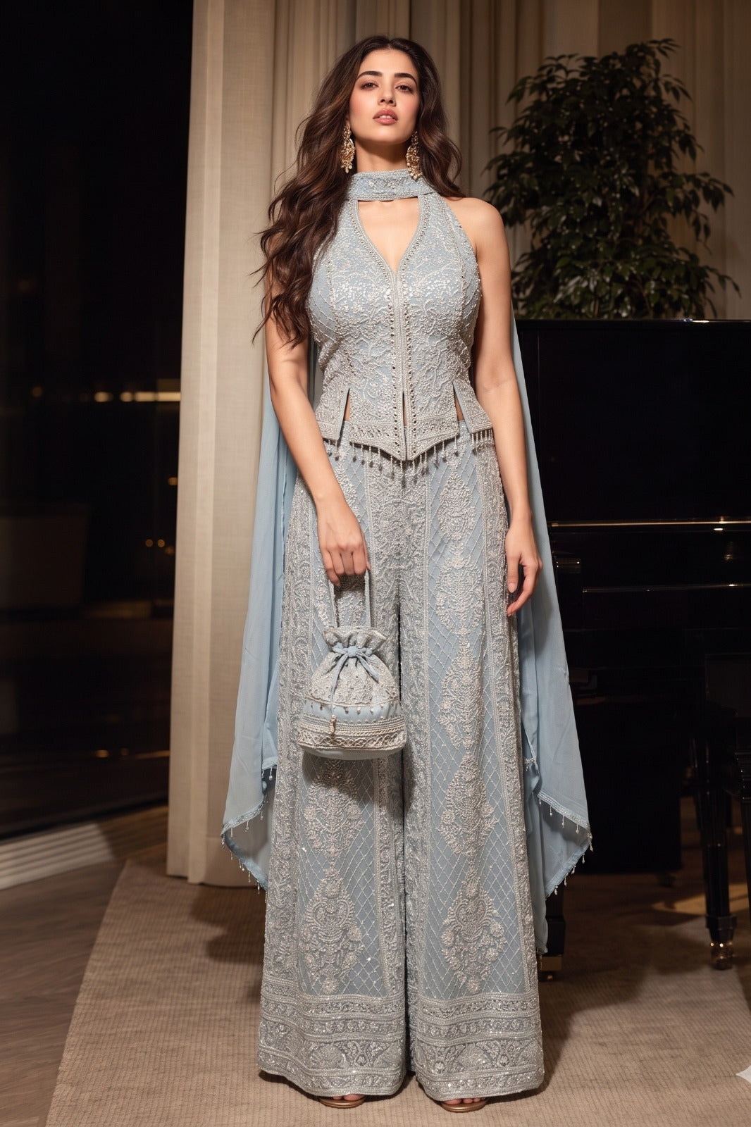 Powder Blue Embellished Georgette Silk Palazzo Set