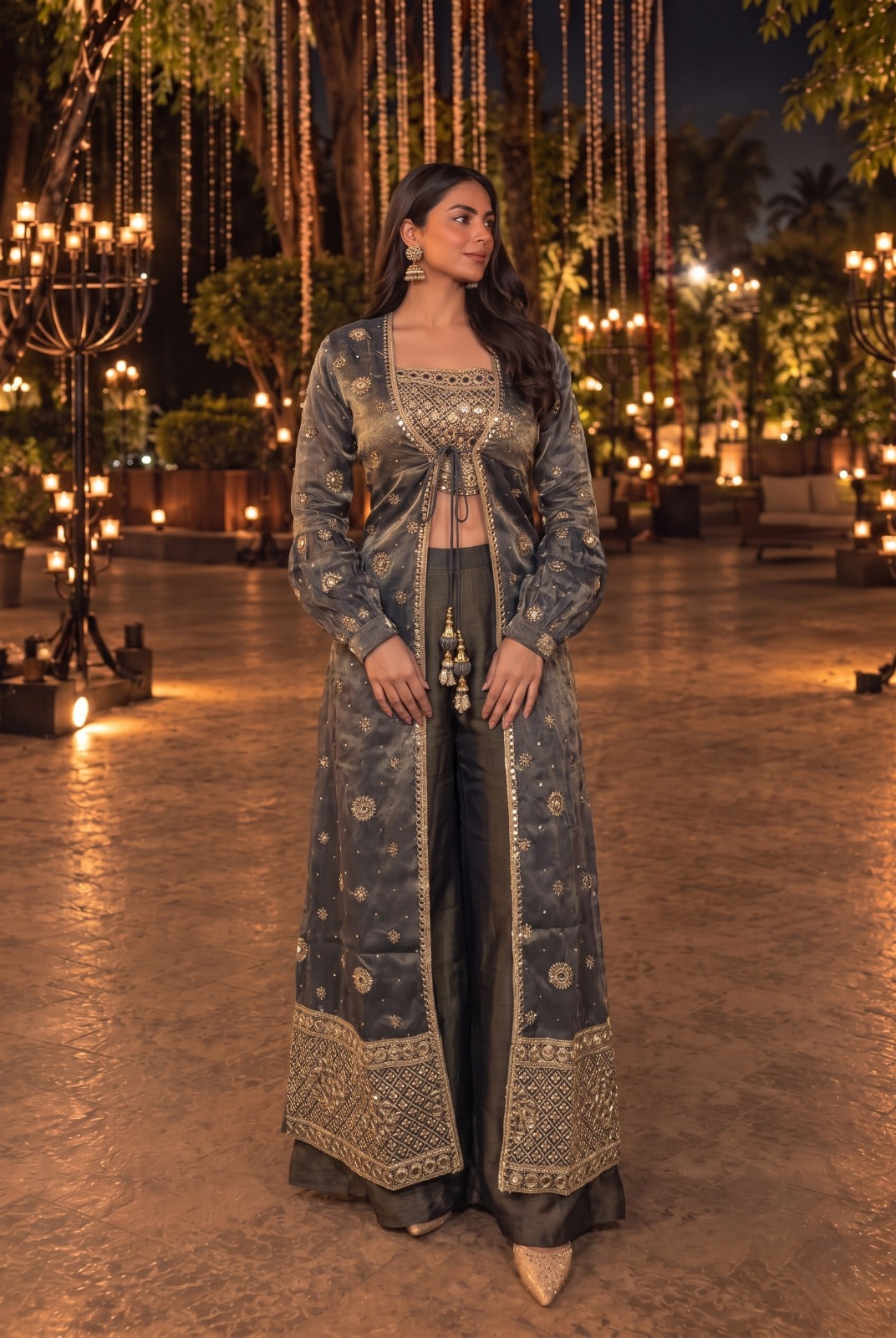 Charcoal Slate Grey Embellished Tissue Silk Palazzo Set