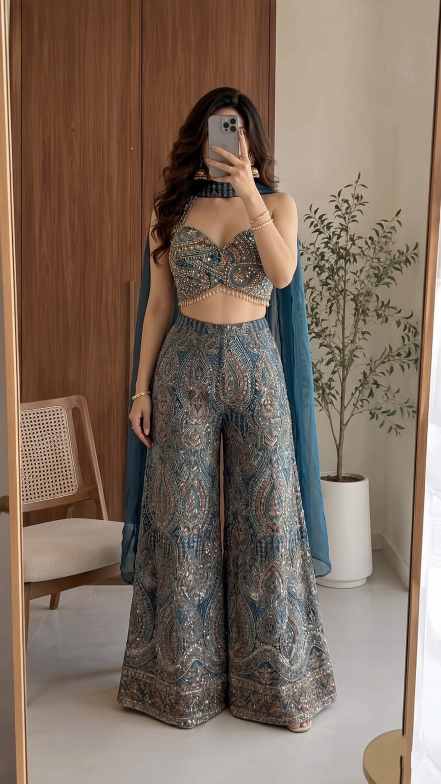Teal Peacock Blue Embellished Crepe Silk Palazzo Set