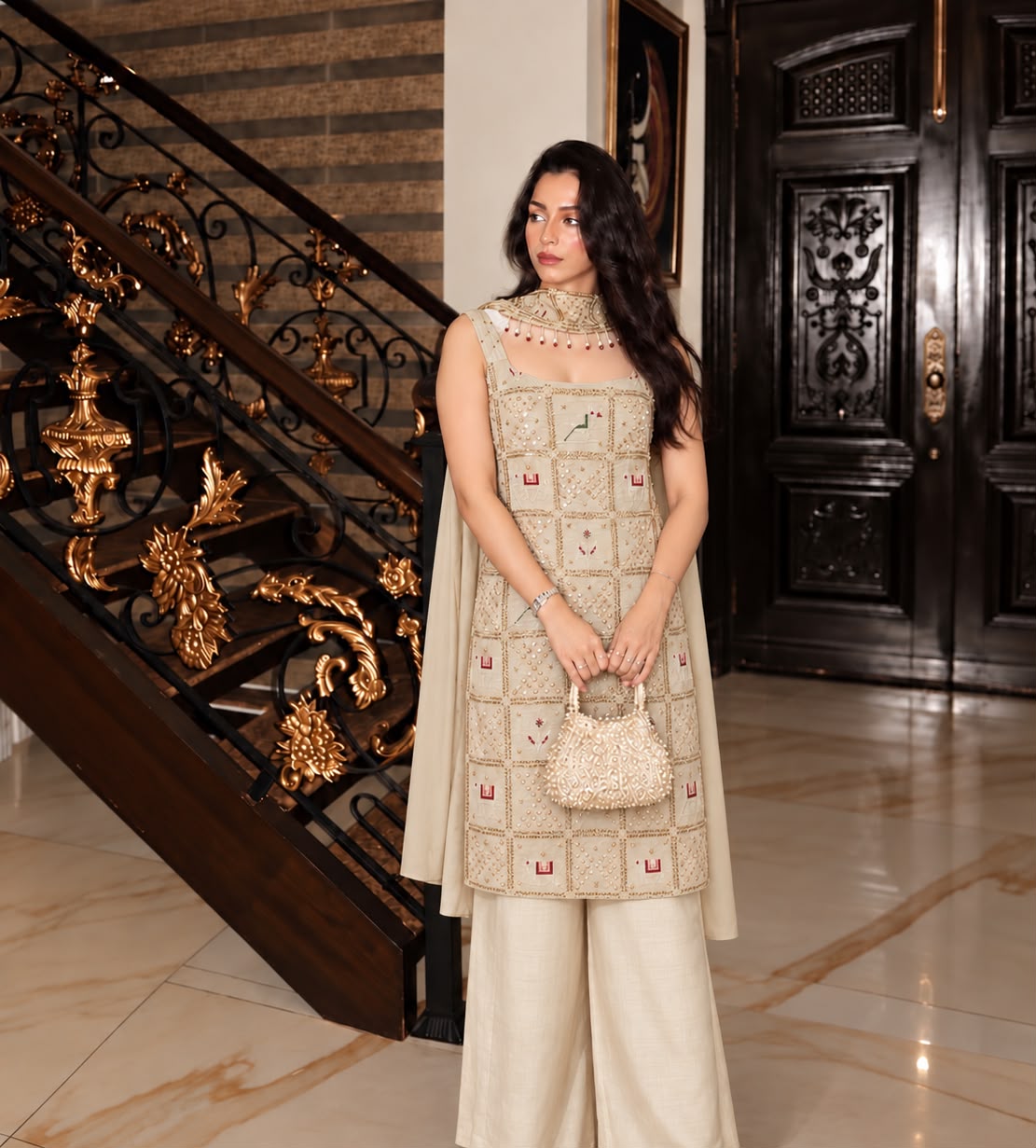 Cream Embellished Crepe Silk Palazzo  Set