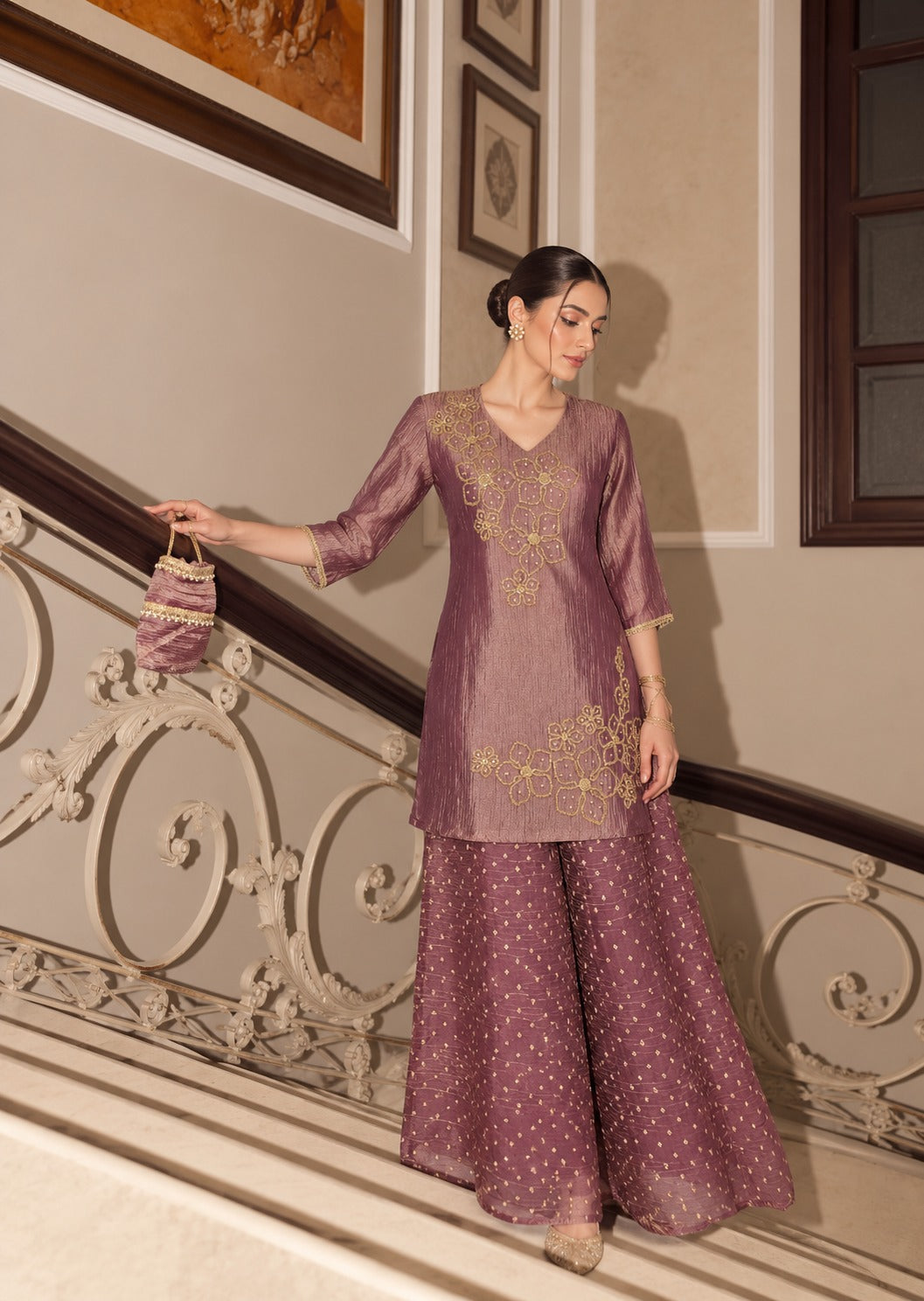 Dusty Mauve Embellished Tissue Silk Palazzo Set