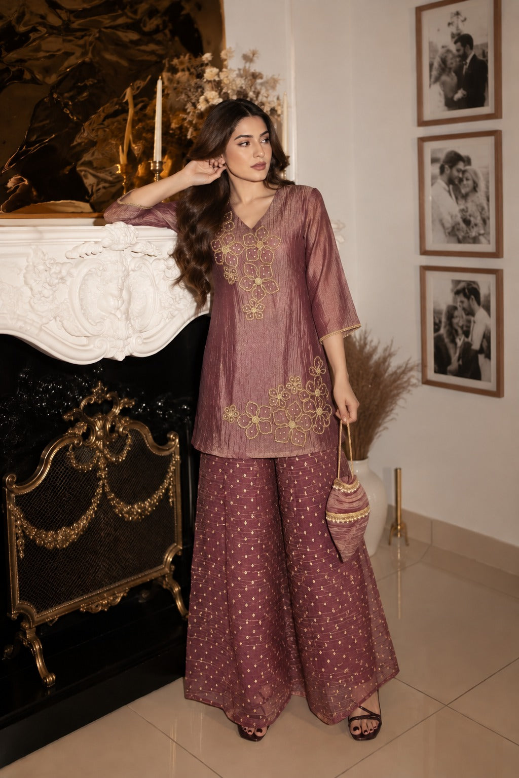 Dusty Mauve Embellished Tissue Silk Palazzo Set