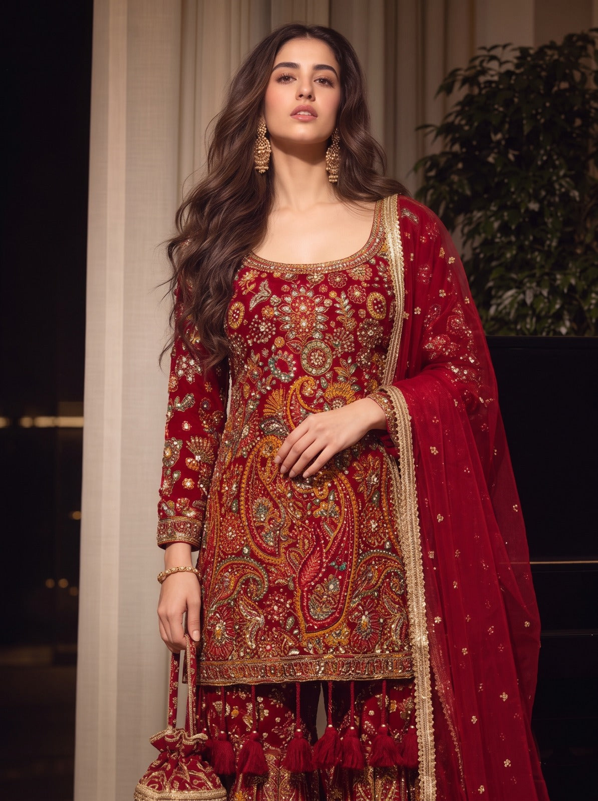 Crimson Red Embellished Georgette Silk Sharara Set