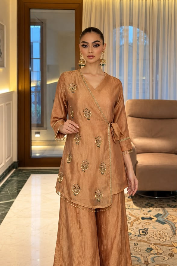 Peach Gold Embellished Shimmer Silk Co-Ord Set