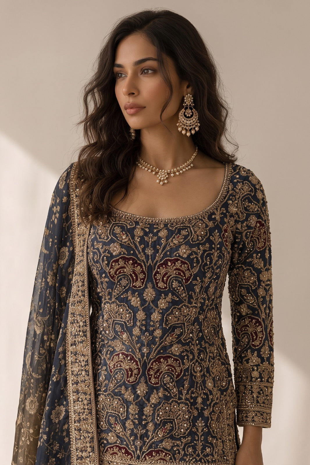 Midnight Navy Blue Embellished Crepe Silk Palazzo Set