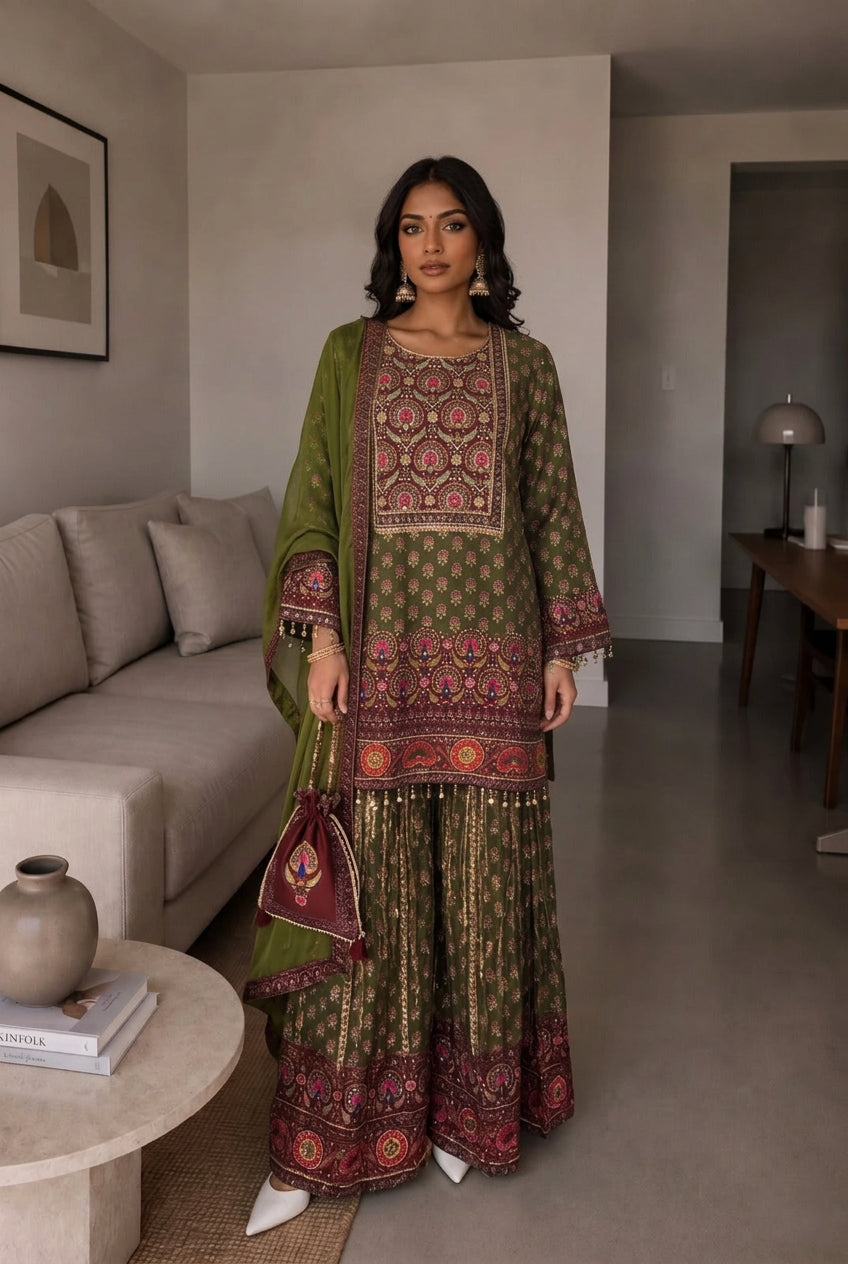 Olive Green Embellished Crepe Silk Palazzo Set