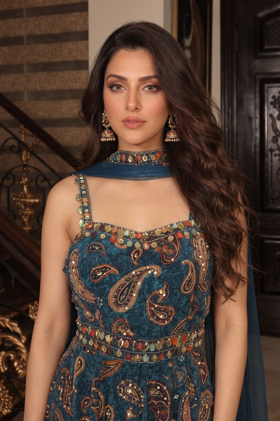 Peacock Blue Embellished Crepe Silk Palazzo Set