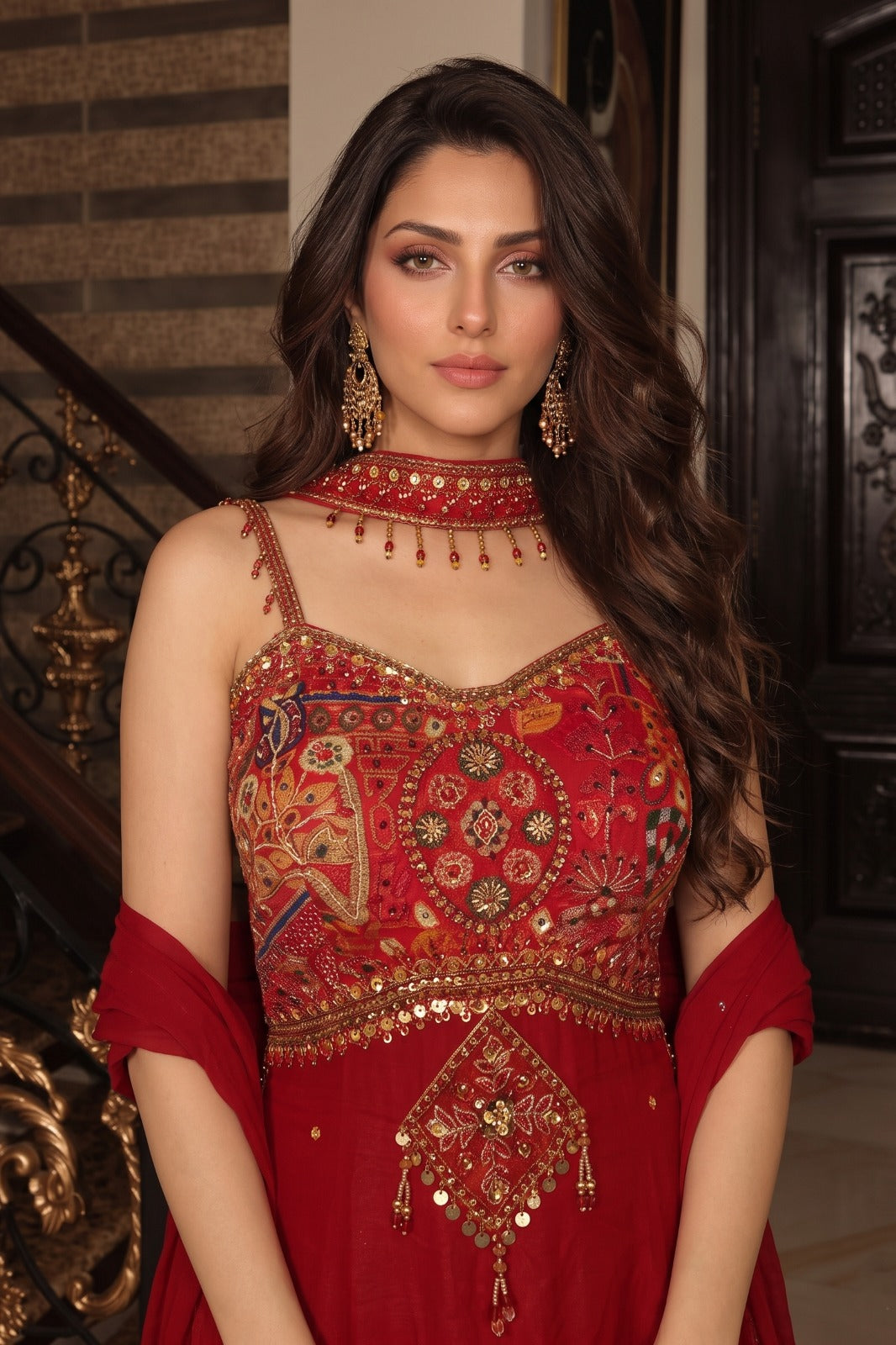 Rani Red Embellished Crepe Silk Palazzo Set