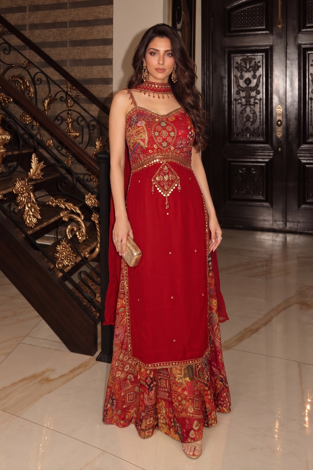 Rani Red Embellished Crepe Silk Palazzo Set