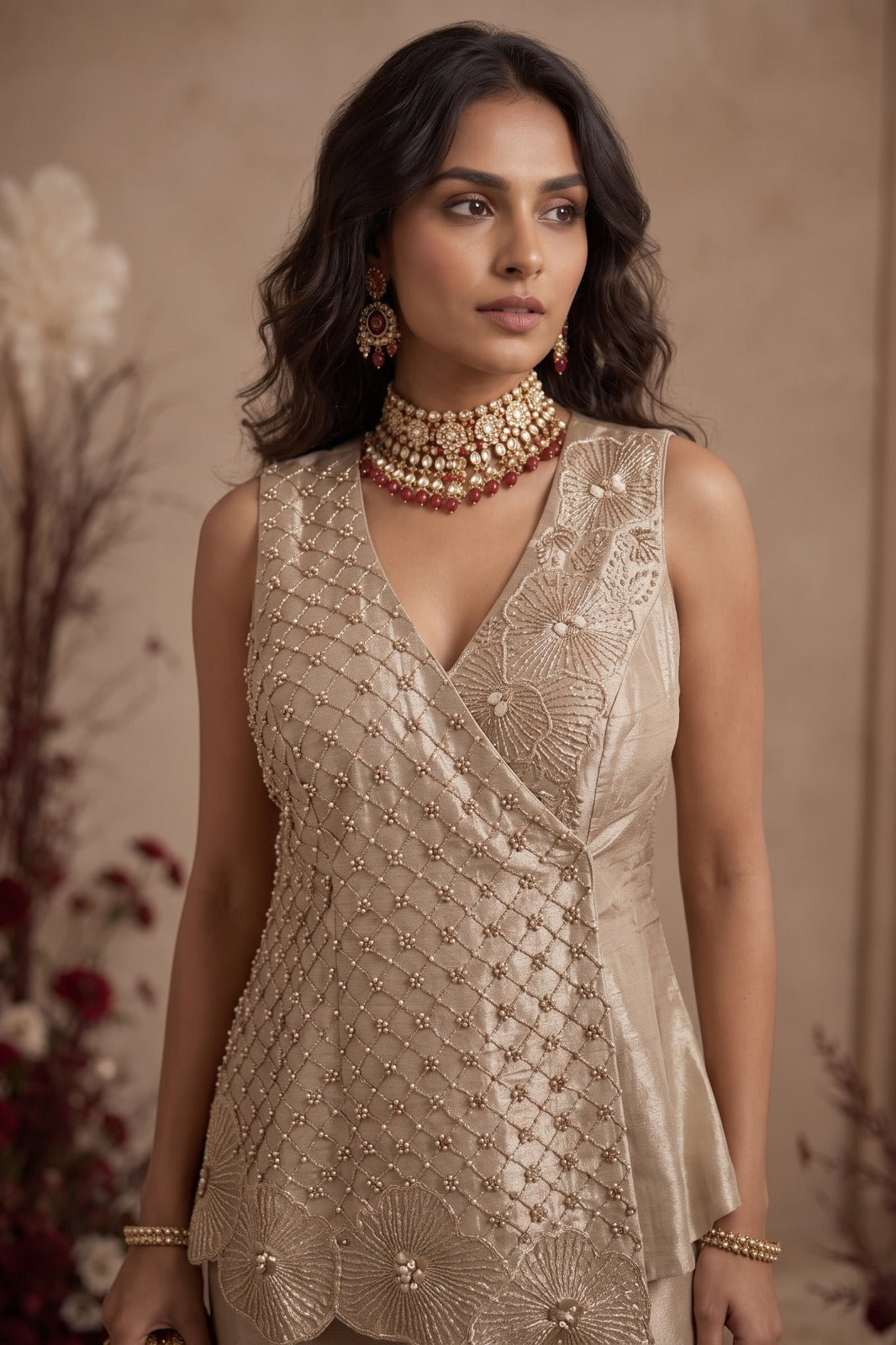 Champagne Gold Embellished Shimmer Silk Co-Rd Set