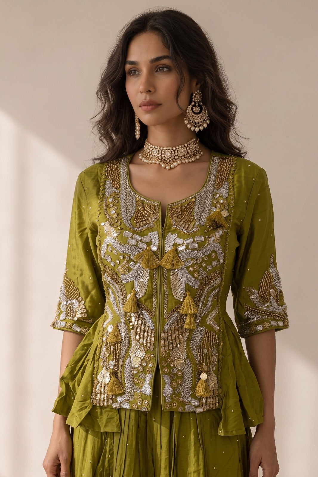 Olive Green Embellished Raw Silk Skirt Set