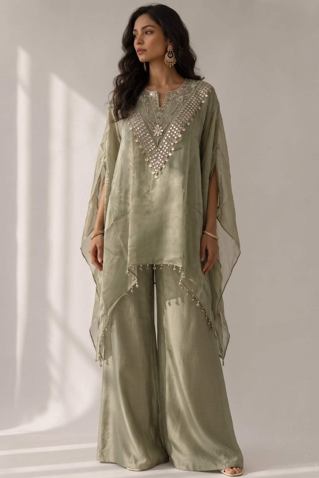 Sage Green Embellished Crepe Satin Silk Palazzo Set