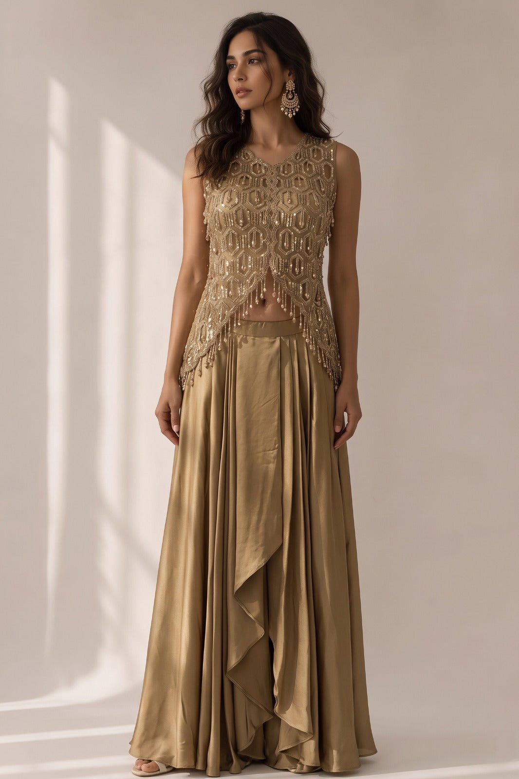 Metallic Bronze Gold Embellished  Satin Silk Skirt Set