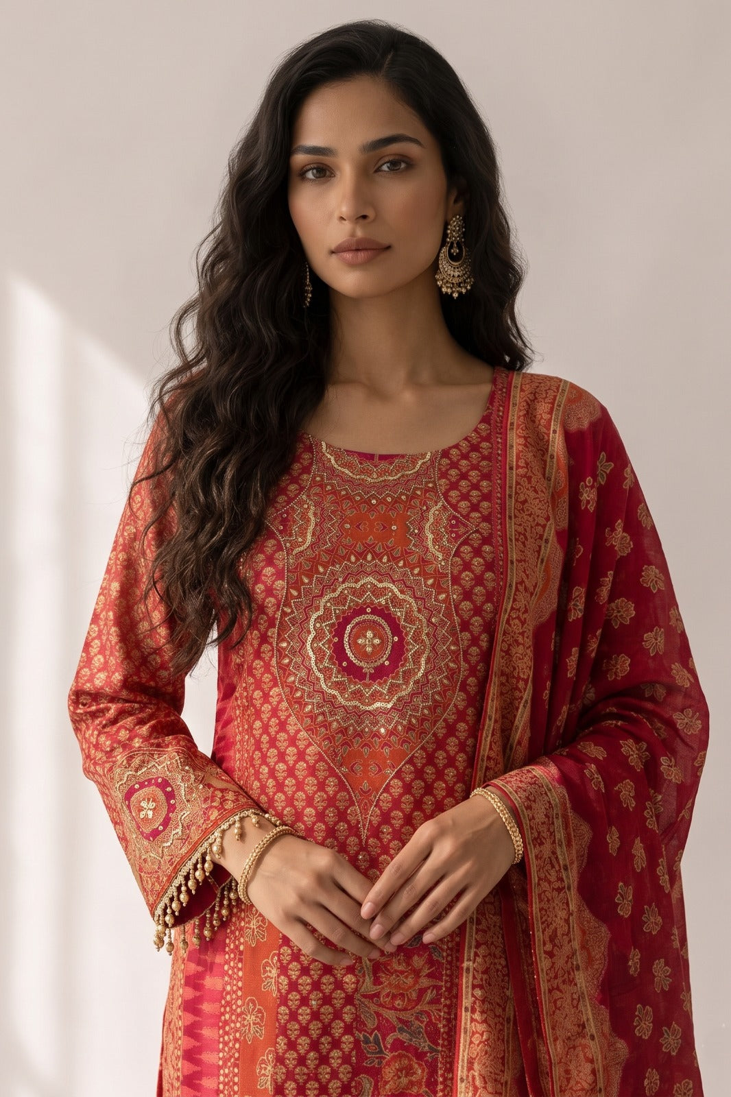Crimson Red Embellished Crepe Silk Pant Set