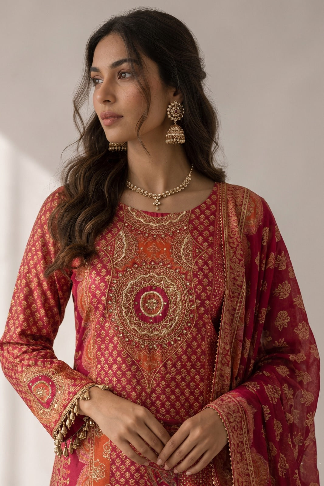 Crimson Red Embellished Crepe Silk Pant Set
