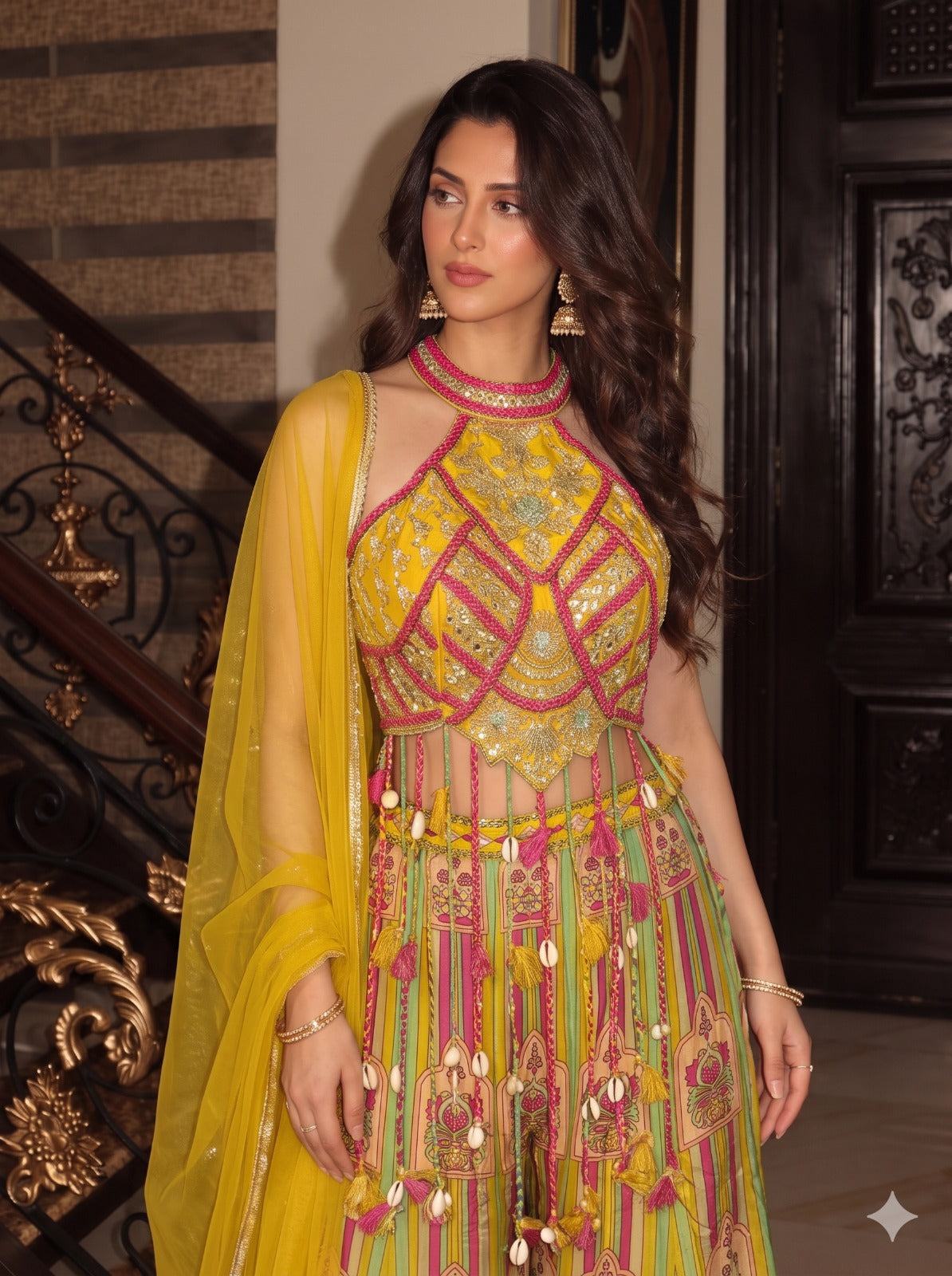 Mustard Yellow Embellished Crepe Silk Palazzo Set