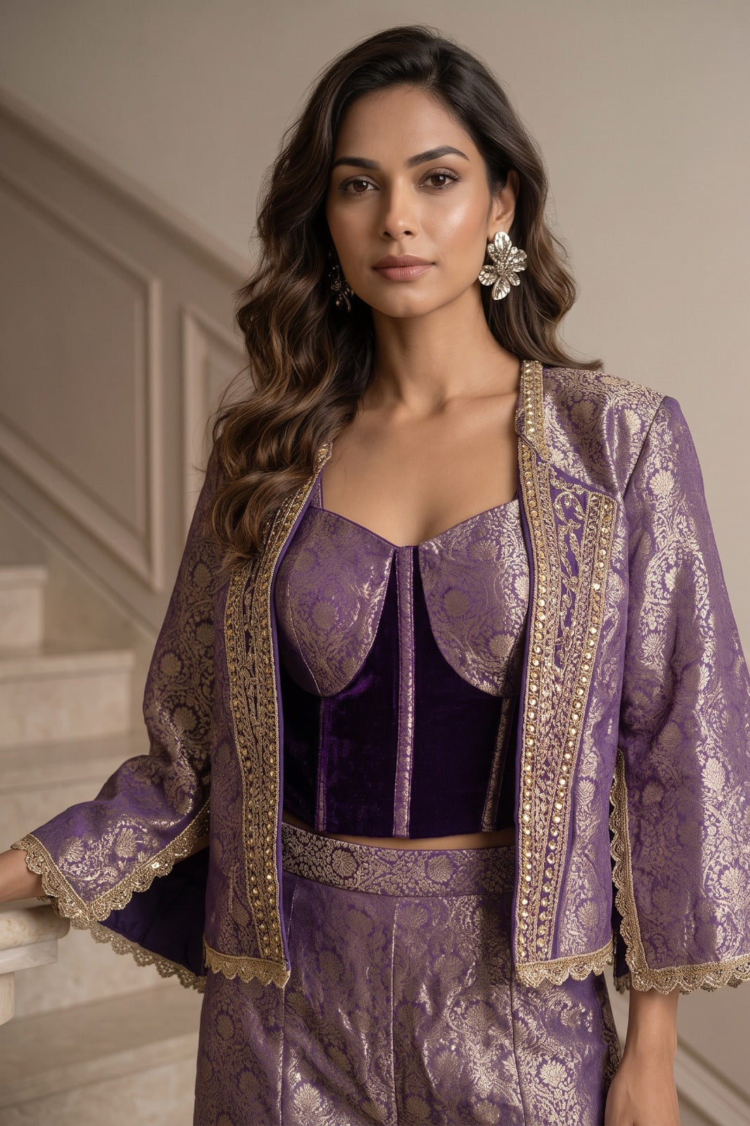 Royal Purple Embellished Jacquard Silk Palazzo Set