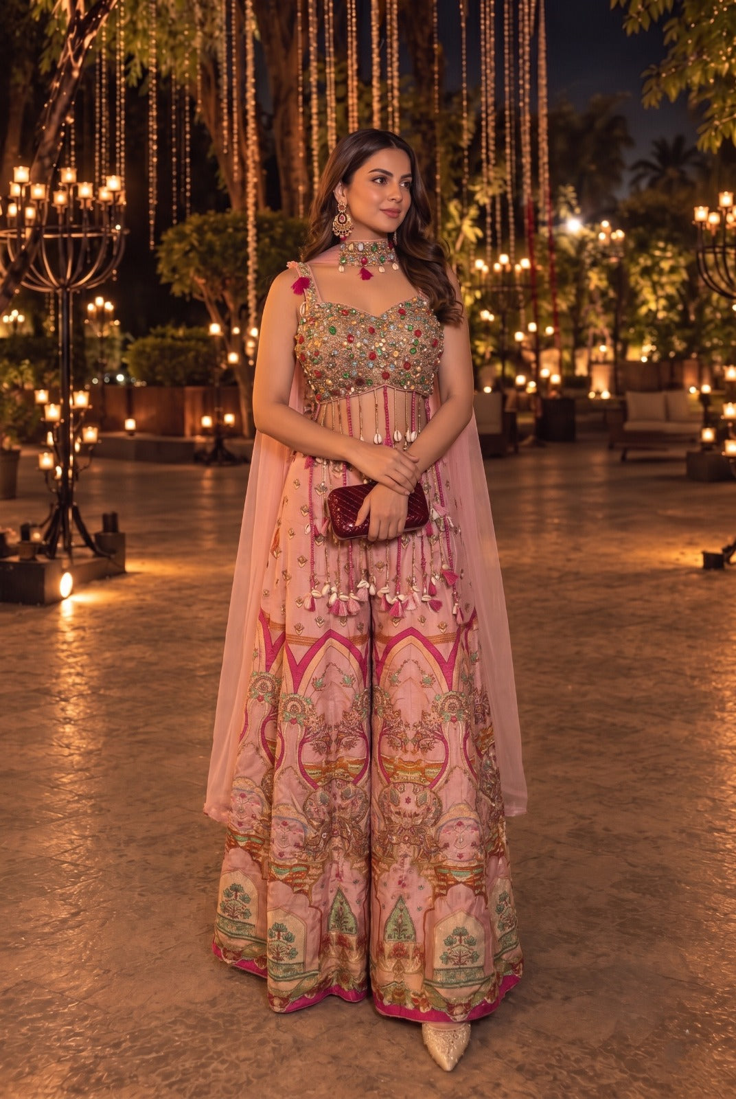 Blush Pink Embellished Crepe Silk Palazzo Set