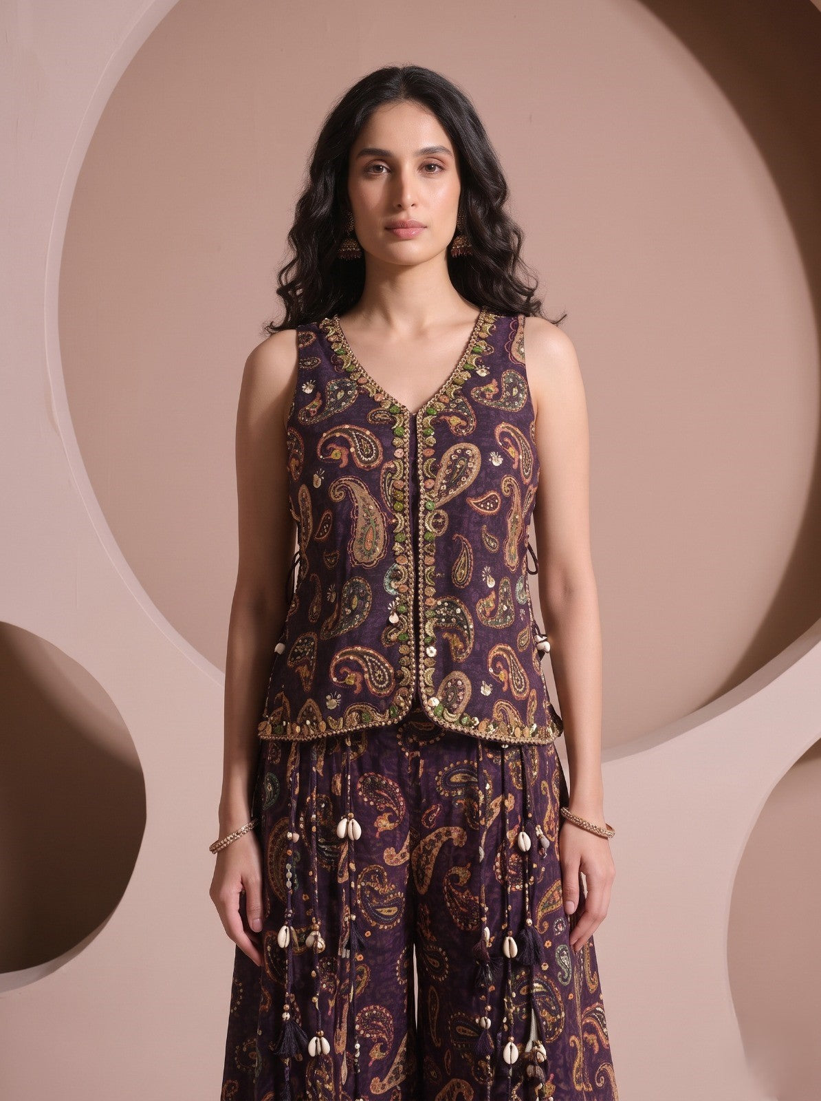 Deep Violet Embellished Crepe Silk Palazzo Set