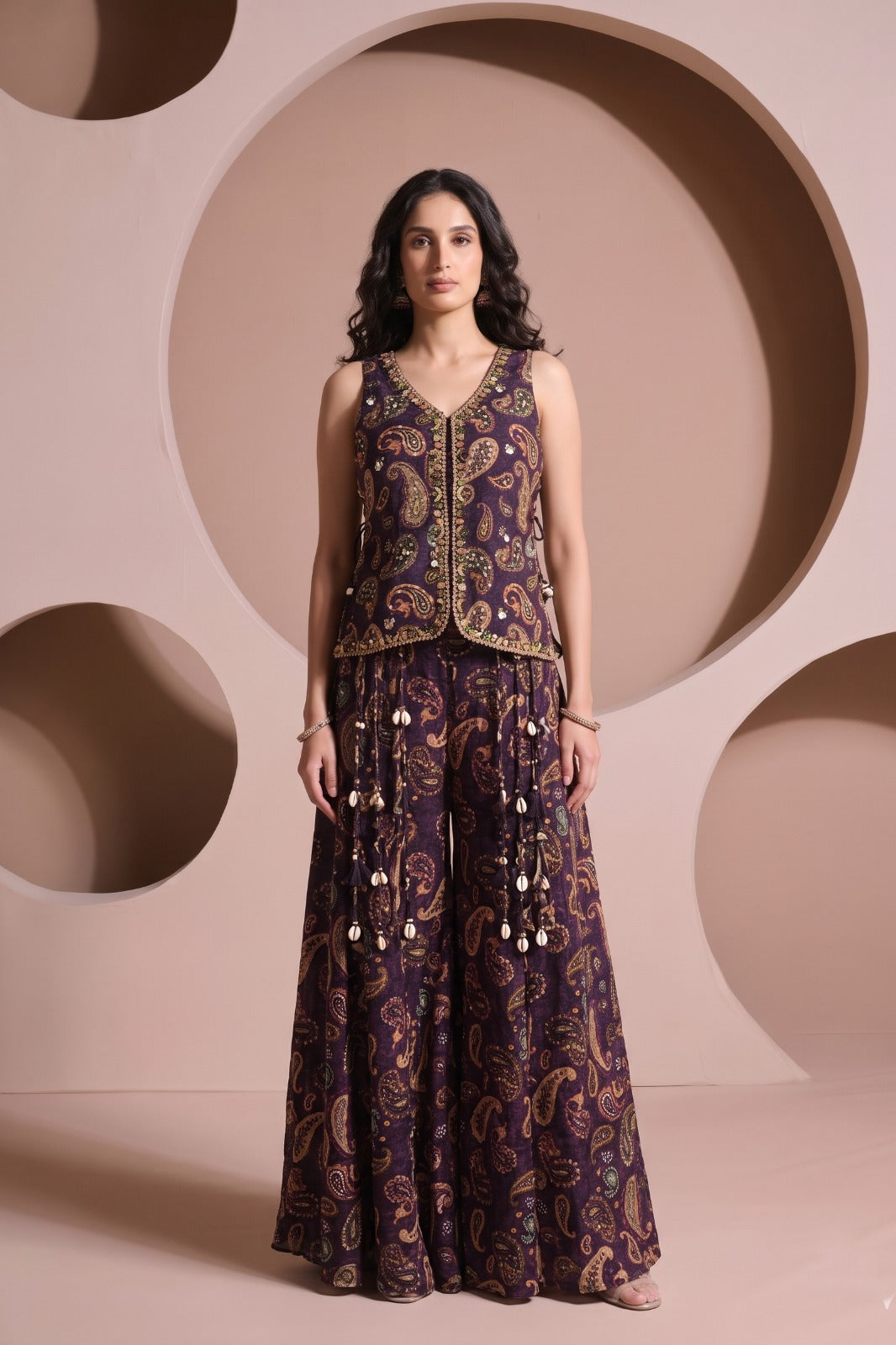 Deep Violet Embellished Crepe Silk Palazzo Set