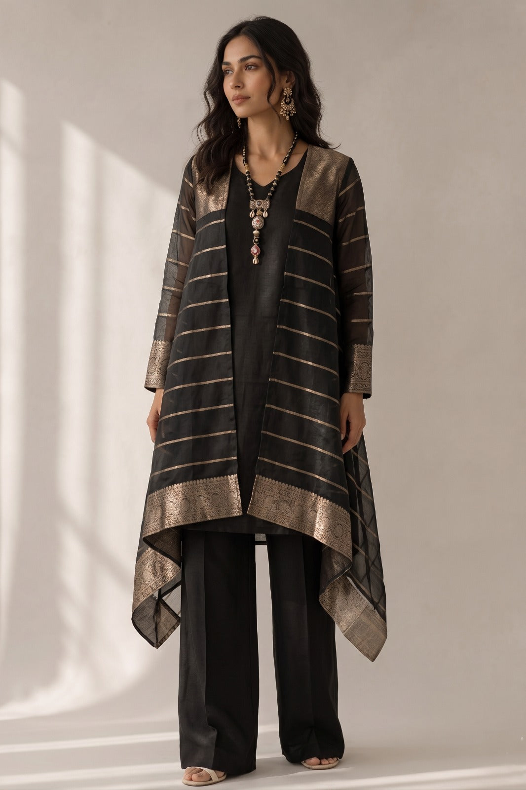 Jet Black Embellished Khadi linen Pant Set