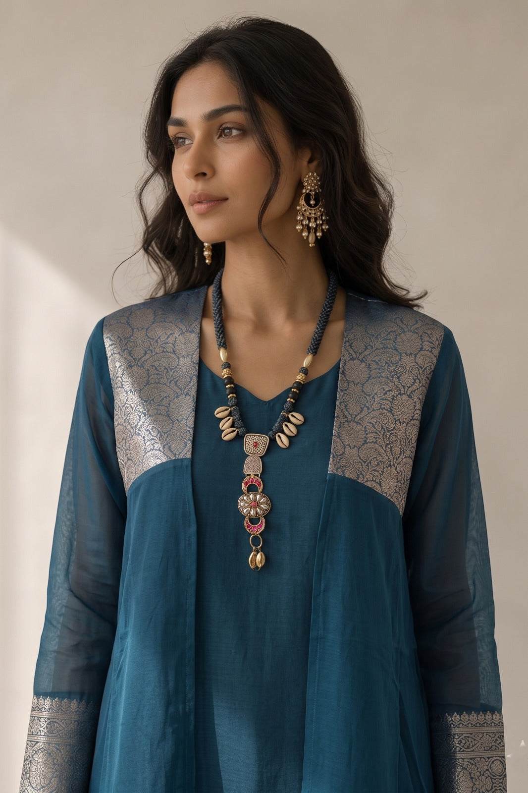 Peacock Teal Blue Embellished Khadi Linen Pant Set