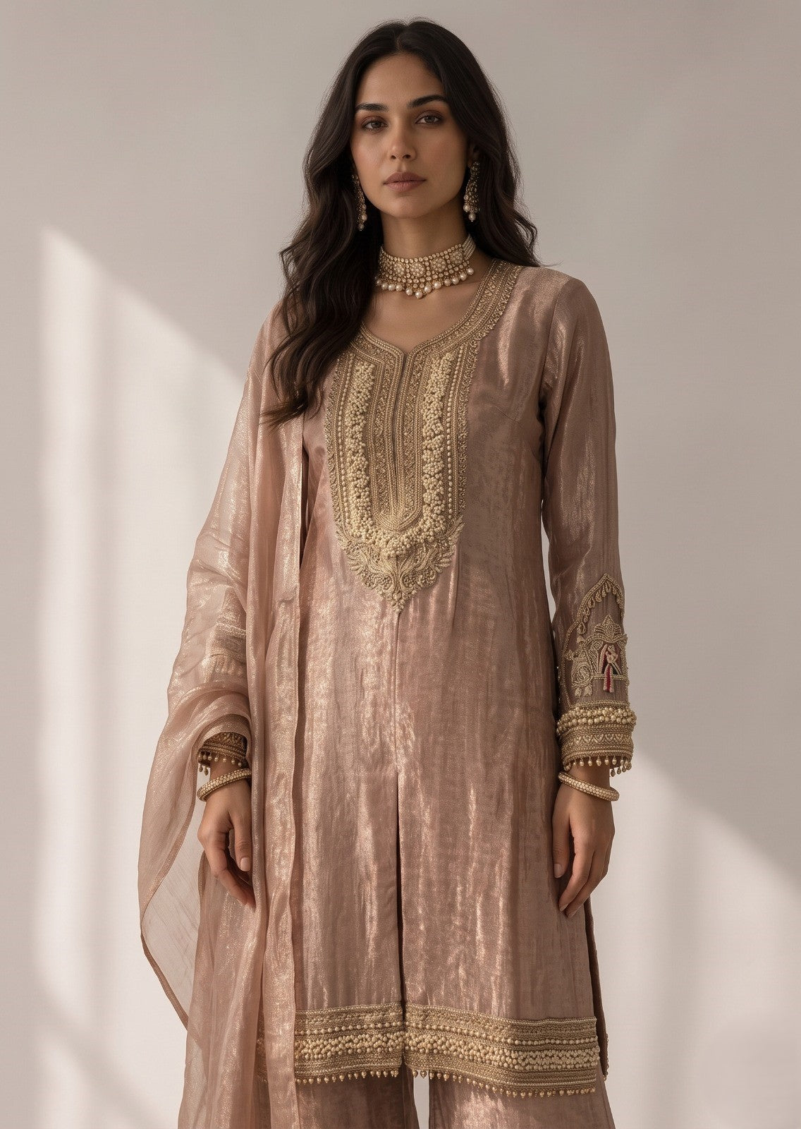 Metallic Pink Embellished Shimmer Silk Palazzo Set