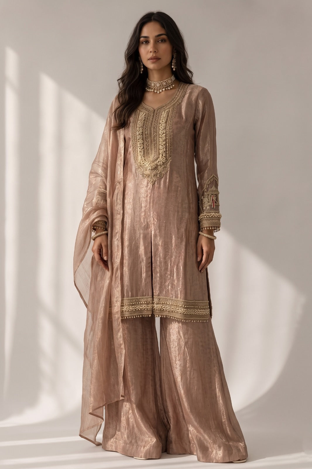 Metallic Pink Embellished Shimmer Silk Palazzo Set