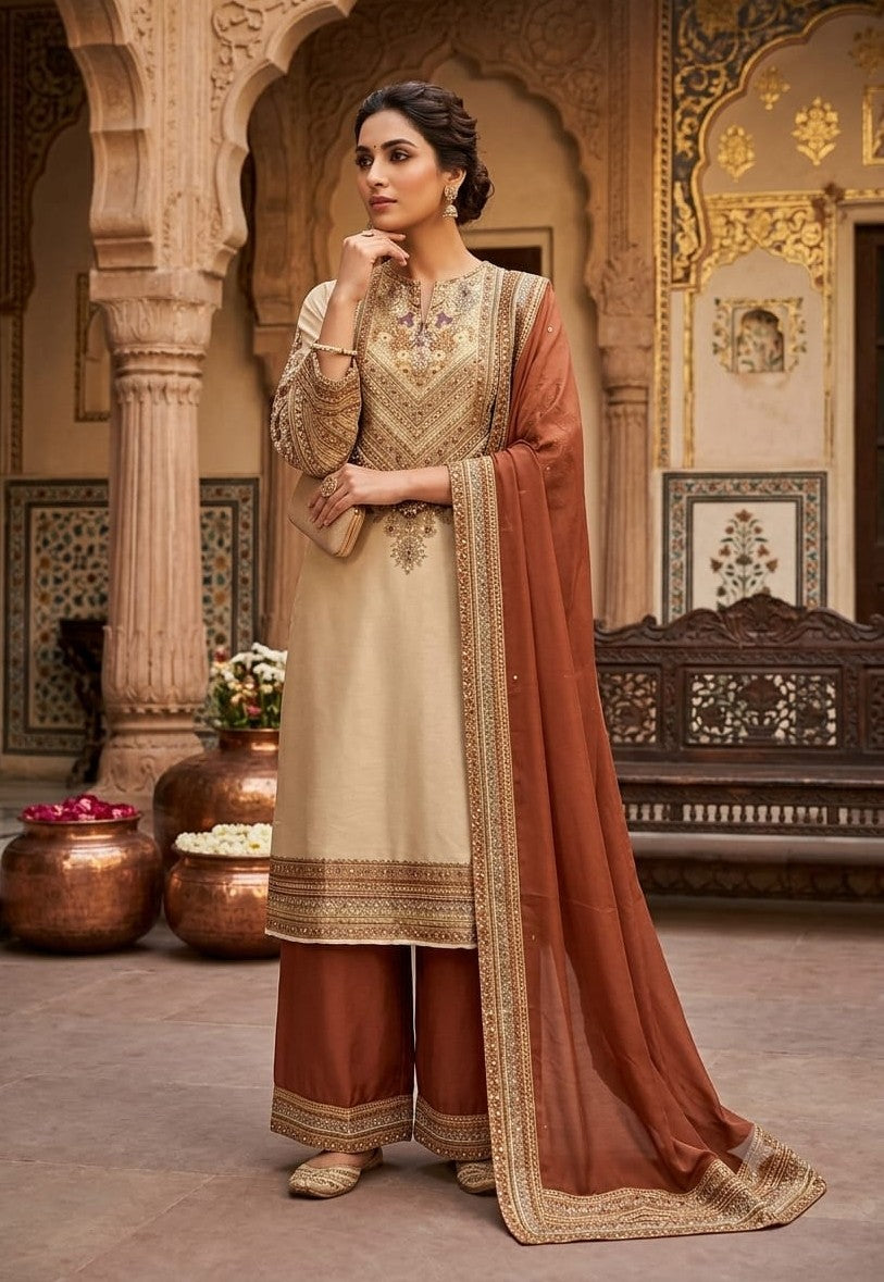 Warm Beige Embellished Premium Silk Palazzo Set