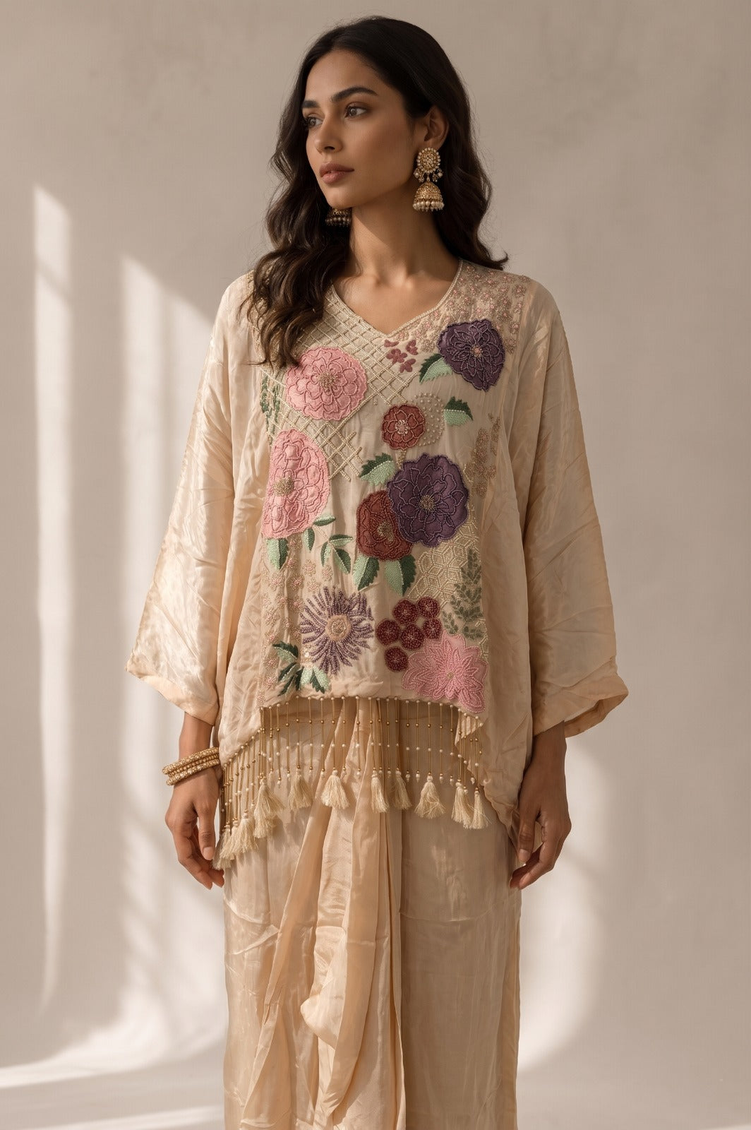 Soft Peach Embellished Crepe Satin Silk Skirt Set