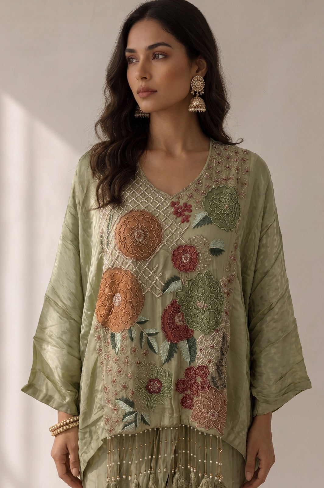 Sage Green Embellished Crepe Satin Silk Skirt Set