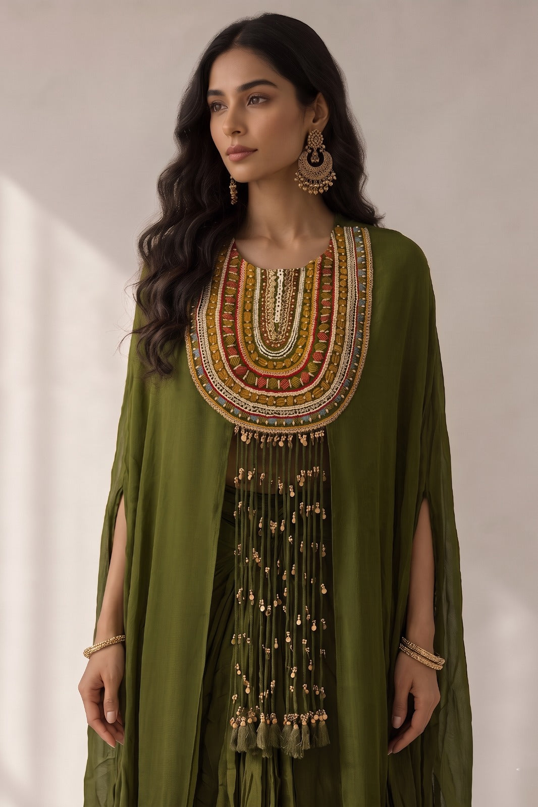 Olive Green Embellished Crepe Silk Skirt Set