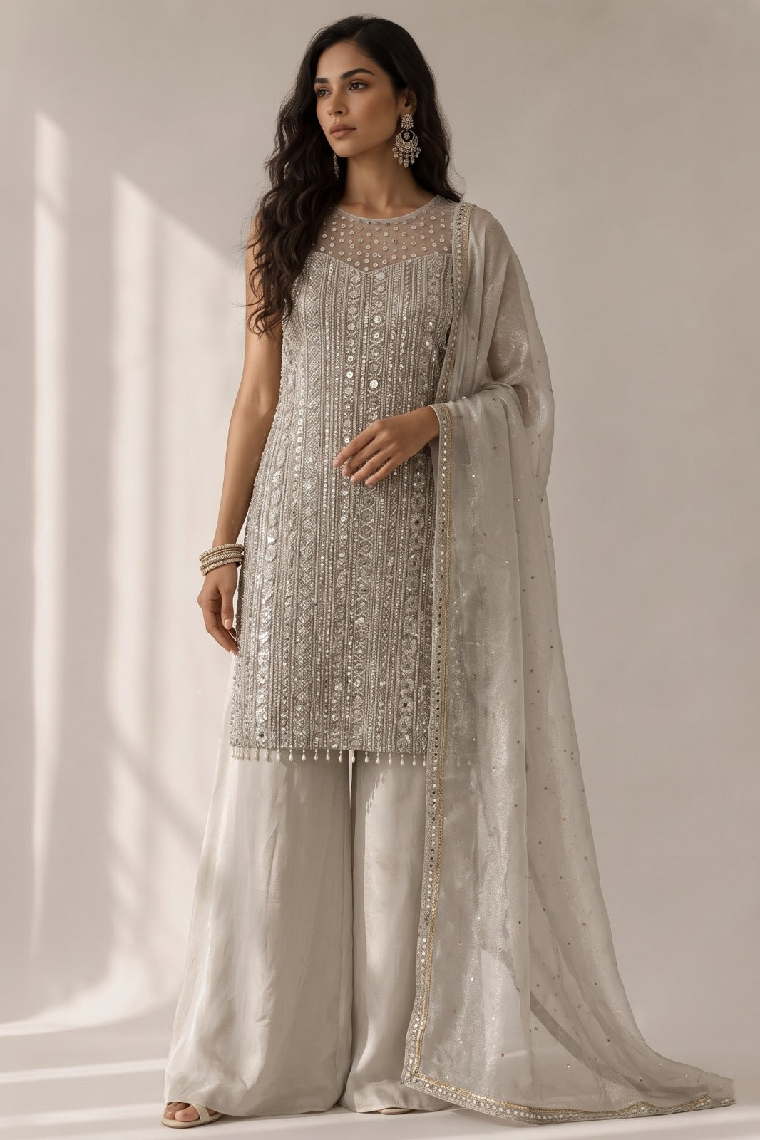 Ivory White Embellished Shimmer Silk Palazzo Set