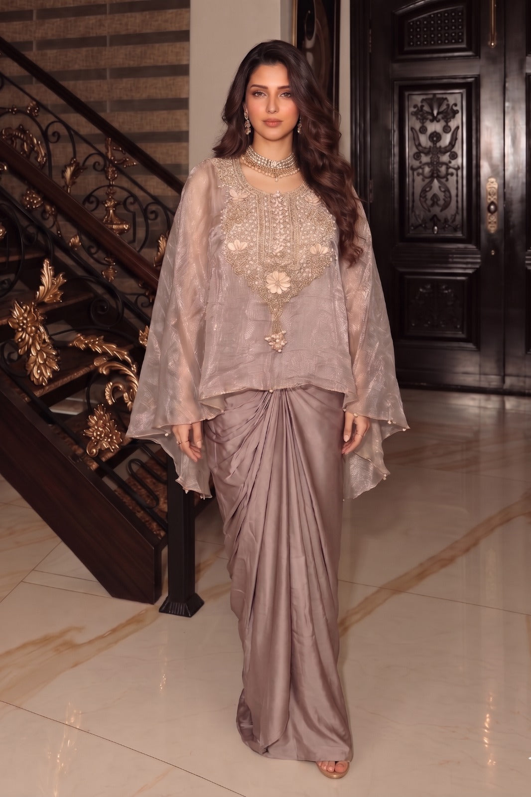 Dusty Blush Pink Embellished Crepe Satin Silk Kaftan Set