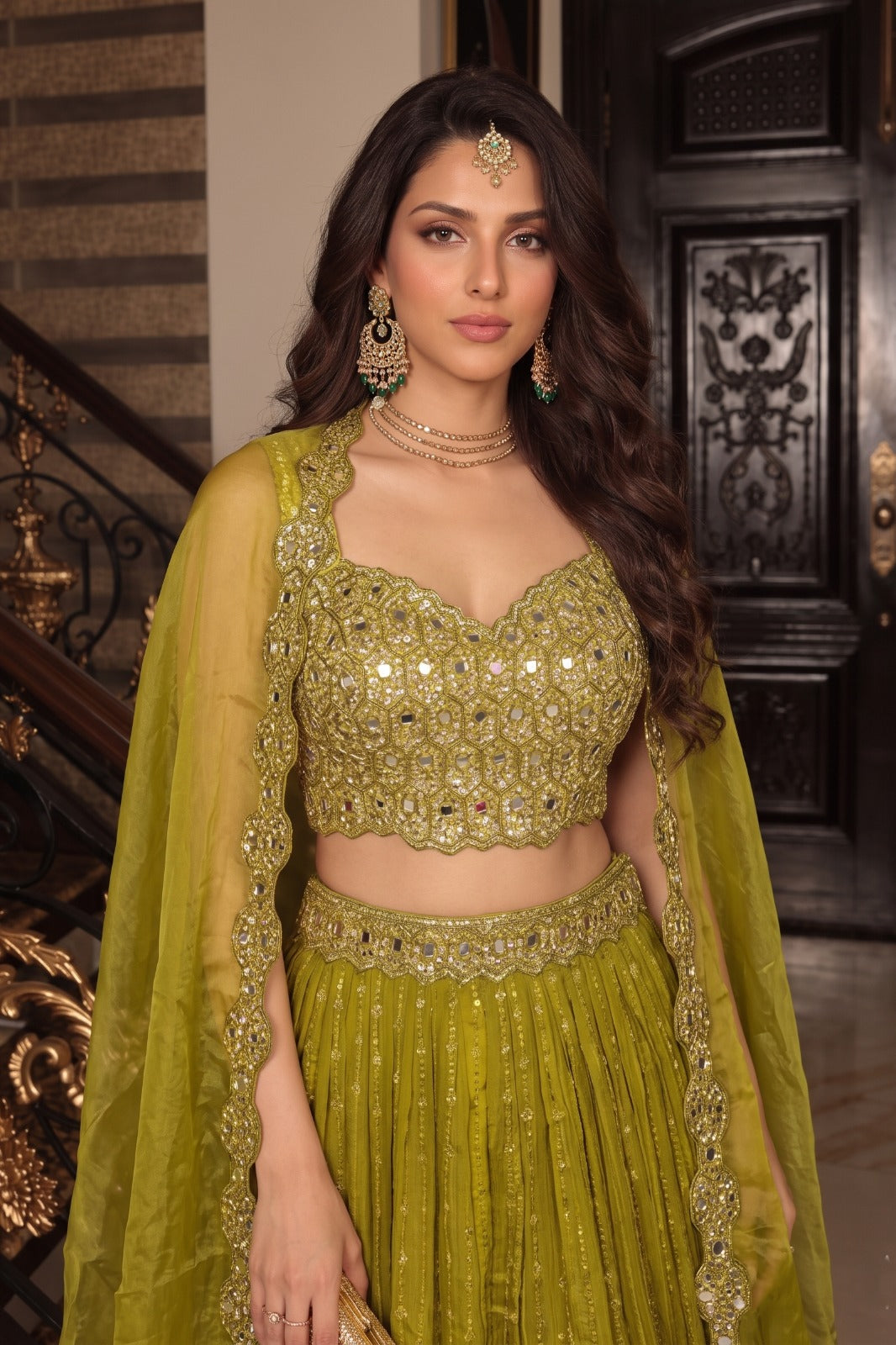 Lime Green Embellished Georgette Silk Skirt Set