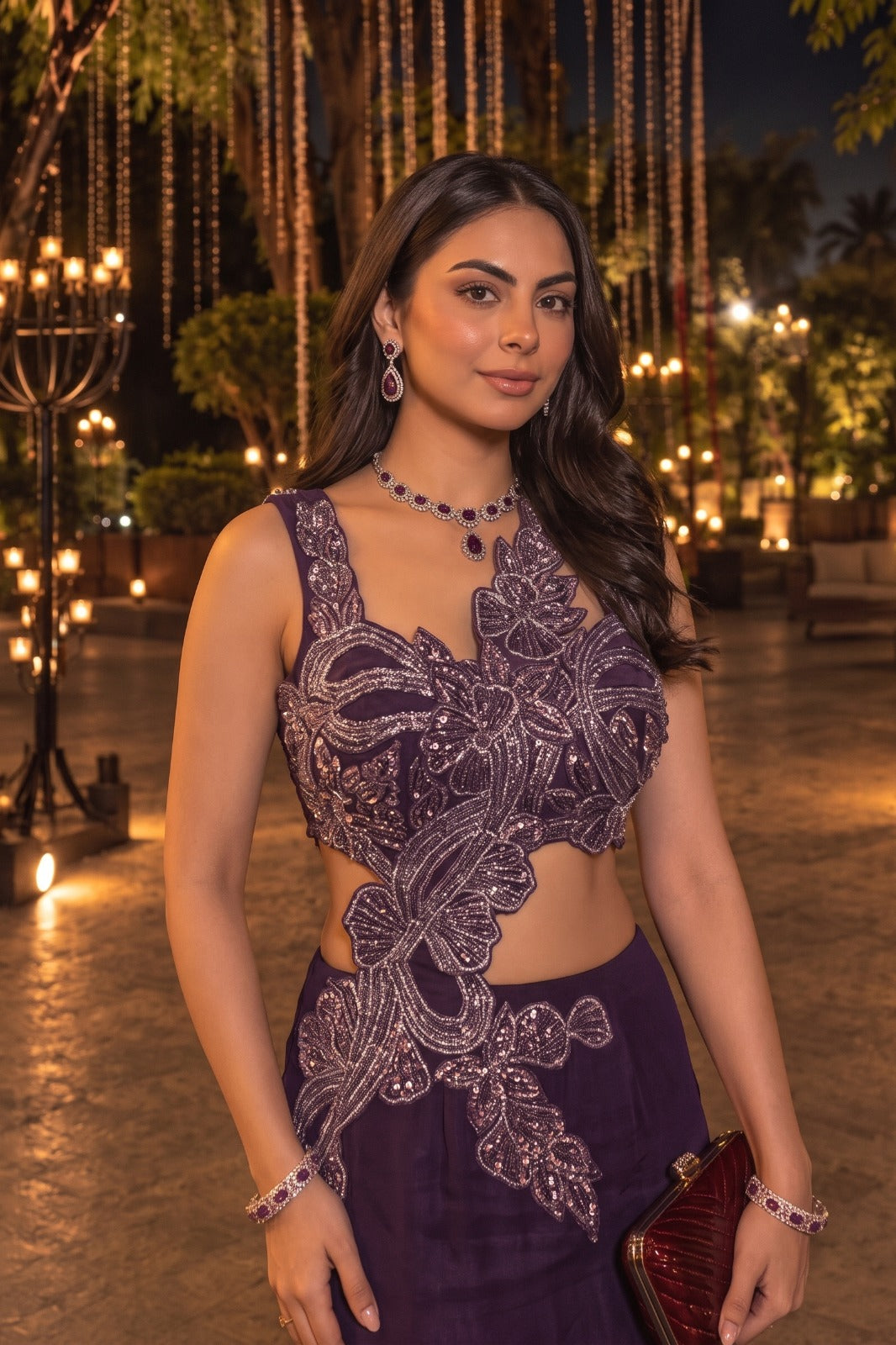 Deep Plum Purple Embellished Organza Silk Skirt Set
