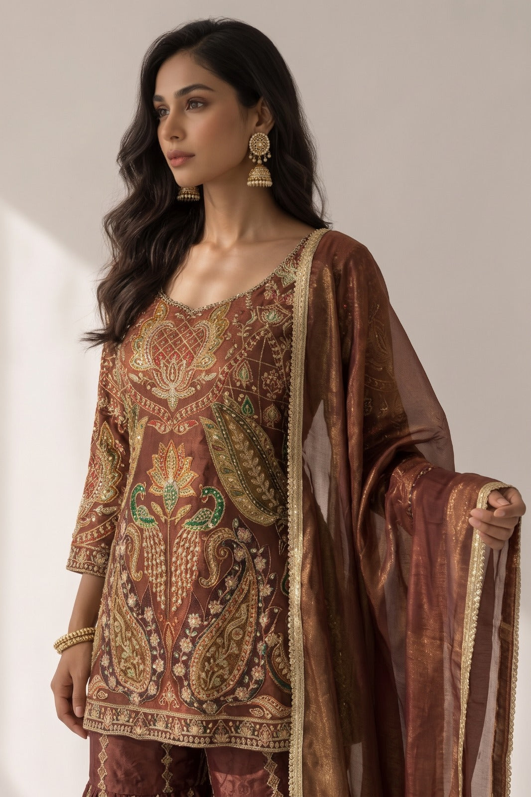 Copper Rust Embellished Shimmer Silk Sharara Set