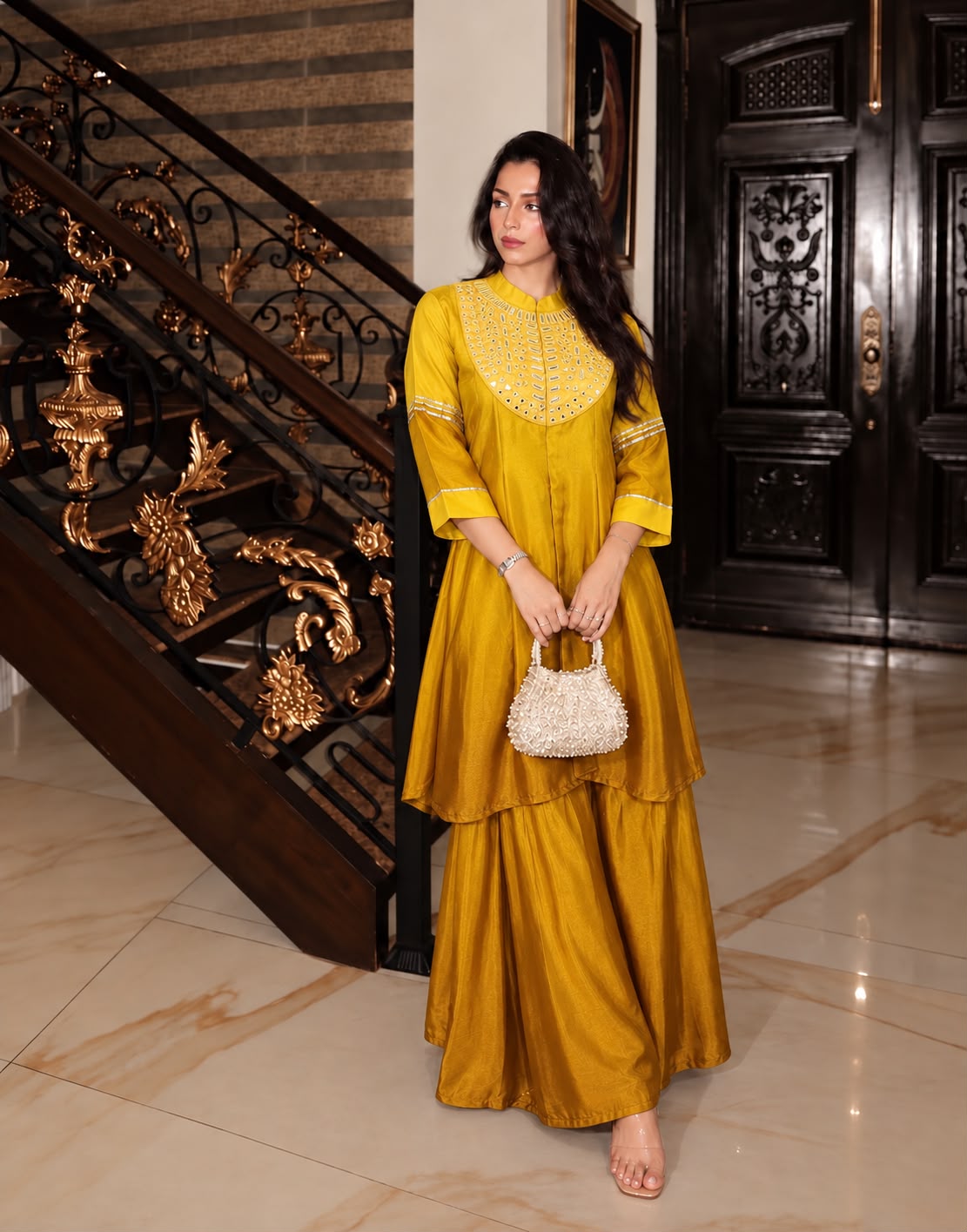 Ombre Mustard  Mul Chanderi Silk Mirror Co-ord Set
