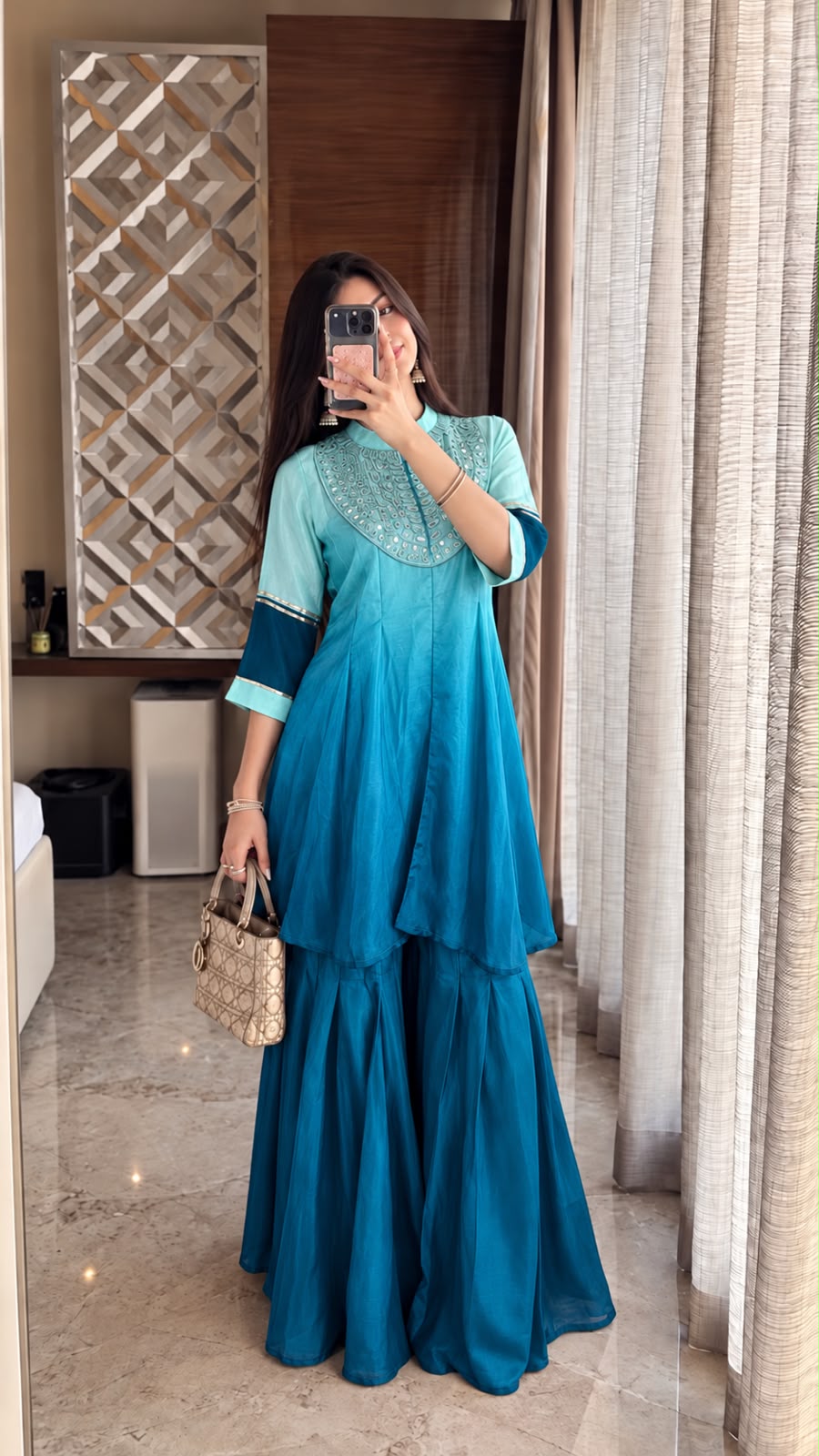 Ombre Turquoise Mul Chanderi Silk Mirror Co-ord Set